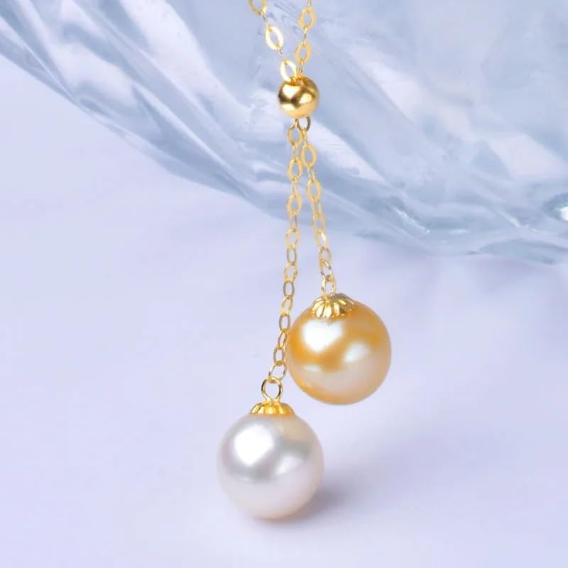 18K Gold Akoya Pearl Pendant Necklace, 7-8mm Round Dual Pearl Drop, Au750 Pure Gold Chain, Party Jewelry Gift for Women