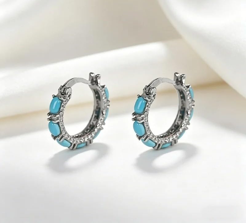Turquoise S925 Silver Cubic Zirconia Hoop Earrings for Women