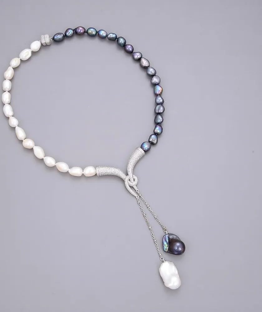 Freshwater Pearl Adjustable Bracelet, Black and White Dual-Tone, Silver Chain Tassels
