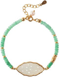 Natural Hotan White Jade and Green Beaded Bracelet, Elegant Luxury Jewelry with Gold-Tone Accents