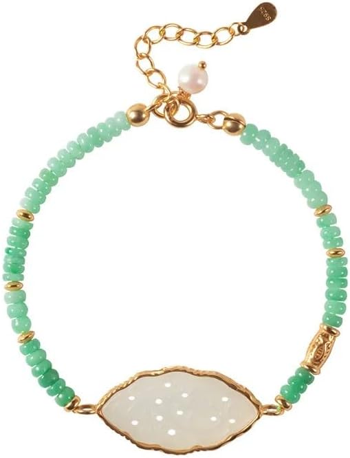 Natural Hotan White Jade and Green Beaded Bracelet, Elegant Luxury Jewelry with Gold-Tone Accents