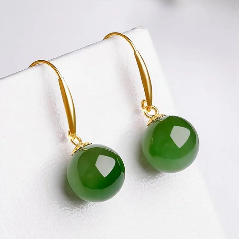 18K Gold Natural Green Chalcedony Drop Earrings, Elegant Dangle Style with Round Gemstone Beads