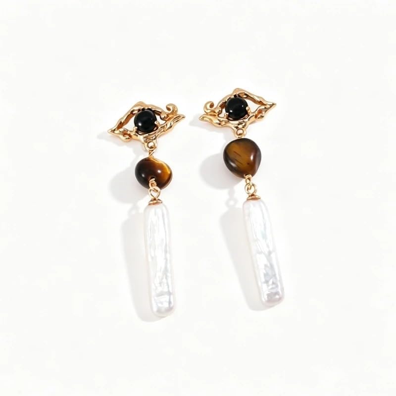 Onyx Tiger's Eye Stone 925 Silver Baroque Pearl Long Bar Earrings
