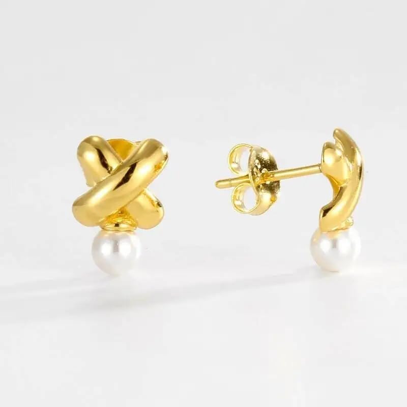 925 Sterling Silver X Cross Pearl Stud Earrings for Women