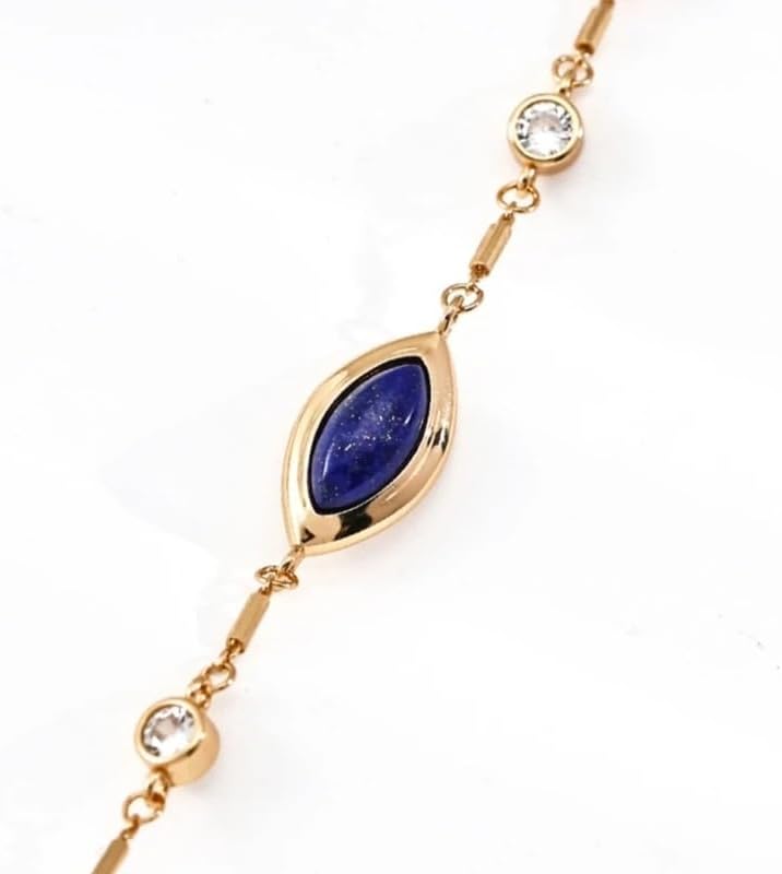 Lapis Lazuli 925 Sterling Silver Gold Plated Round Disc Station Bracelet, Dainty Trendy Lightweight Slim Chain for Women