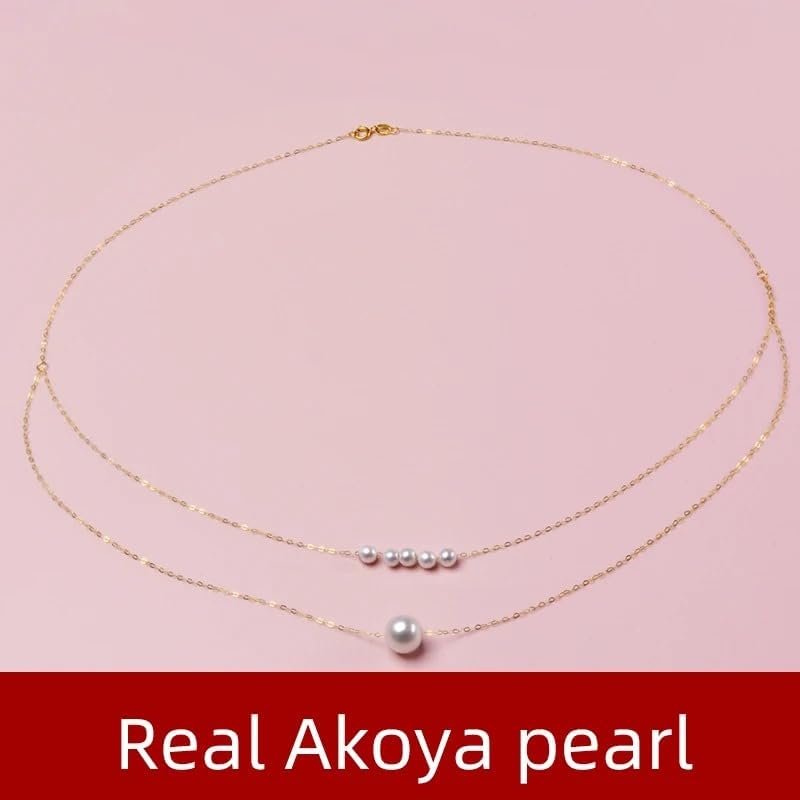 Natural White Round Akoya Pearl Real 18K Gold Necklace For Women