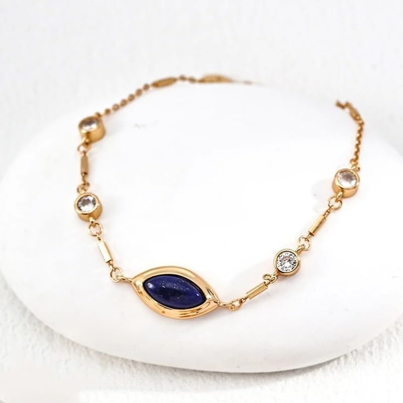Lapis Lazuli 925 Sterling Silver Gold Plated Round Disc Station Bracelet, Dainty Trendy Lightweight Slim Chain for Women