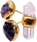 Handcrafted Natural Stone Ring, Gold Plated Amethyst and Quartz Crystal, 13x34mm, Adjustable Designer Statement Jewelry