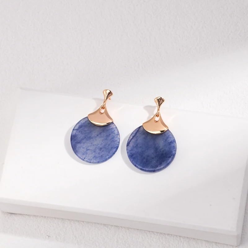 Round Blue Aventurine Stone 925 Silver Teardrop Dangle Earrings