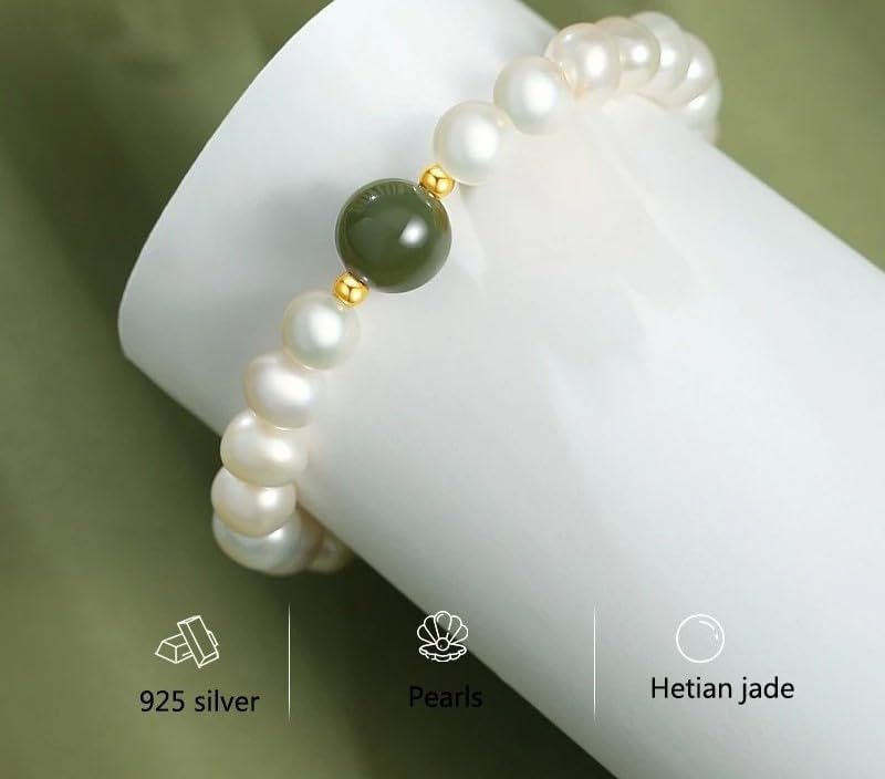 Freshwater Pearl and Hetian Jade Bracelet, Hand-Strung Beads, S925 Silver, Luxury Fashion Gift