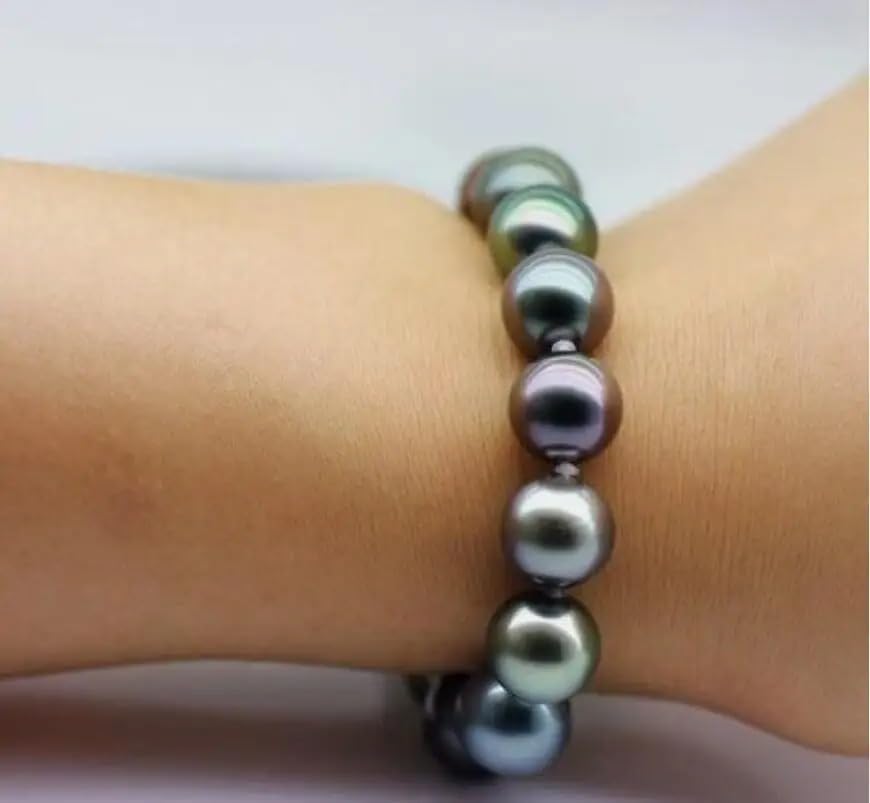 7.5" 10-9MM TAHITIAN GENUINE BLACK ROUND PEARL BRACELET 925s
