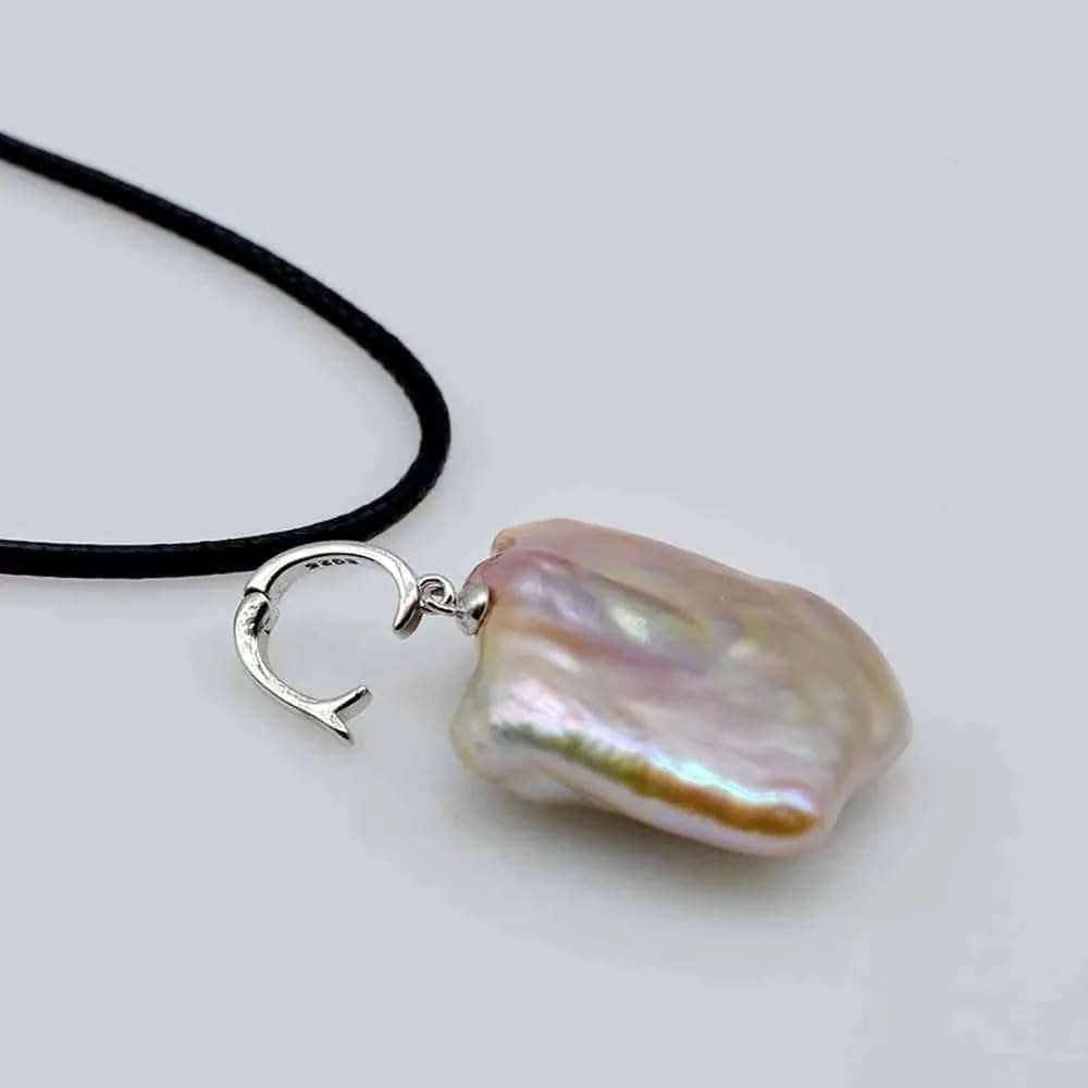 Natural Baroque Pearl Pendant Necklace, Freshwater Square Pearl, Sterling Silver 925, Purple Iridescent, Black Leather Cord