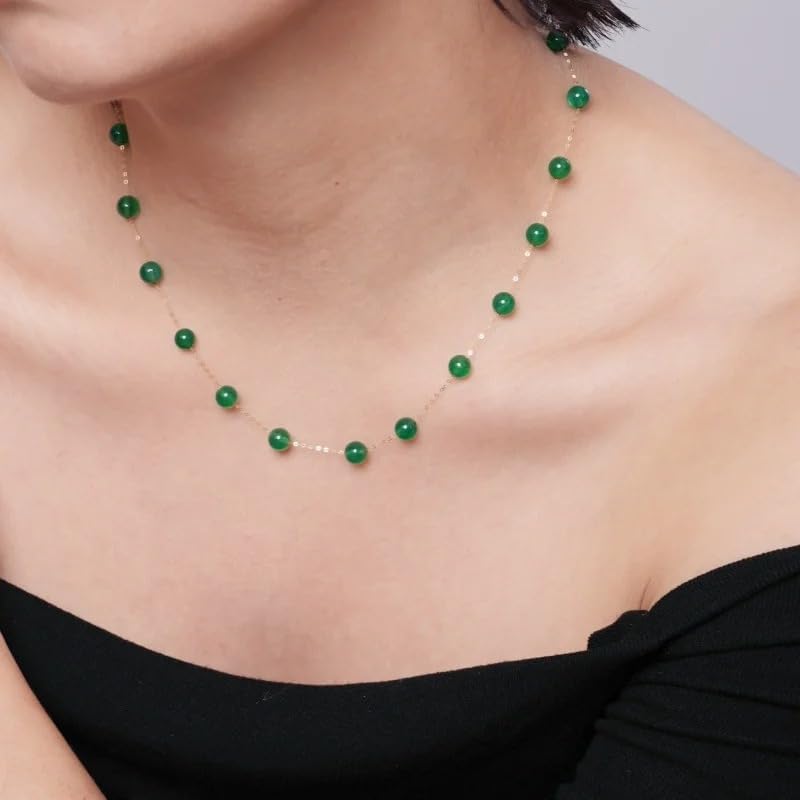 18K Gold Natural Green Agate Necklace, Elegant Chain with Emerald Color Beads, Fine Jewelry for Women