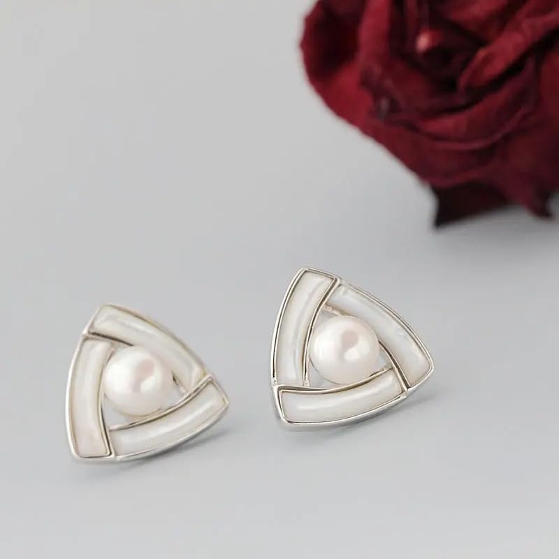 Sterling Silver Triangular Pearl Stud Earrings, Natural Freshwater Pearl Inlaid, 925 Silver Geometric Design