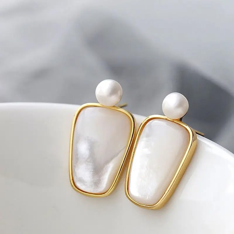 Elegant Natural Shell Earrings with Freshwater Pearl, 18K Gold Plated, White Geometric Design, Statement Drop Style
