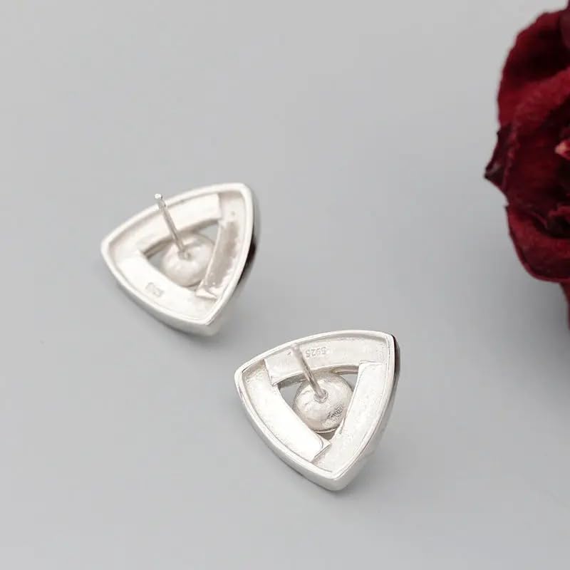 Sterling Silver Triangular Pearl Stud Earrings, Natural Freshwater Pearl Inlaid, 925 Silver Geometric Design