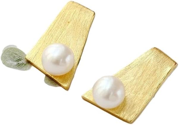 925 Sterling Silver Pearl Earrings, 18K Gold Plated Geometric Studs with Natural Freshwater Pearls, Modern Statement Jewelry