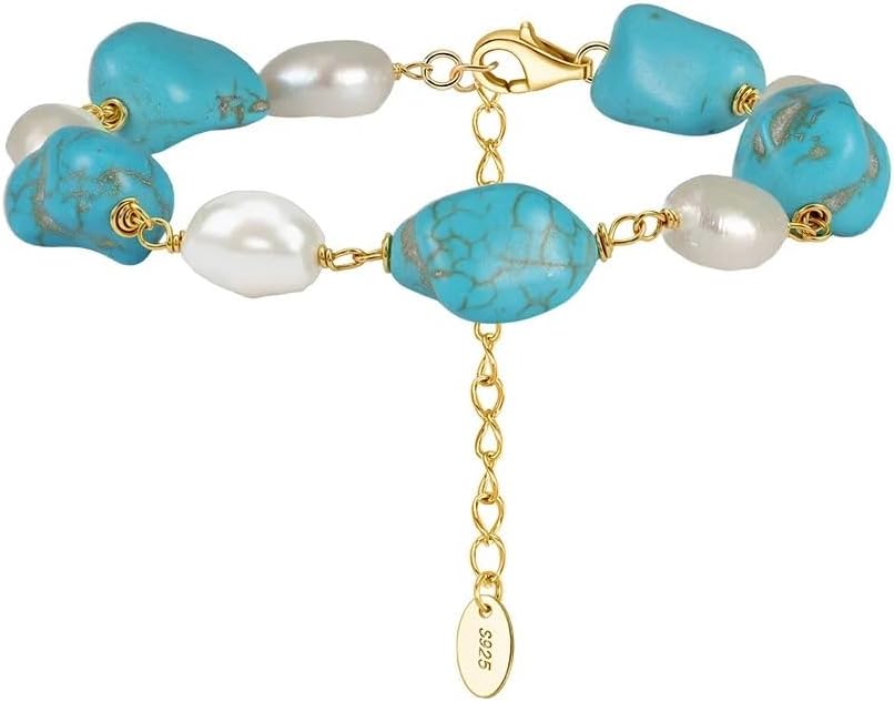 925 Silver Gold Plated Turquoise Stone White Pearl Strand Bracelet