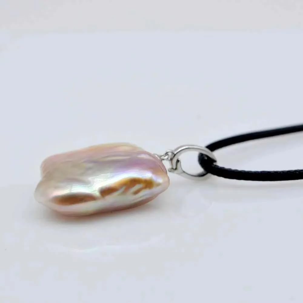 Natural Baroque Pearl Pendant Necklace, Freshwater Square Pearl, Sterling Silver 925, Purple Iridescent, Black Leather Cord