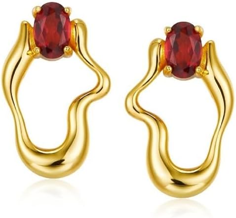 Natural Garnet S925 Silver Gold Plated Earrings For Women Irregular Geometric Unique Design Cute Chic Stud Earring