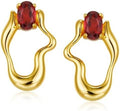 Natural Garnet S925 Silver Gold Plated Earrings For Women Irregular Geometric Unique Design Cute Chic Stud Earring