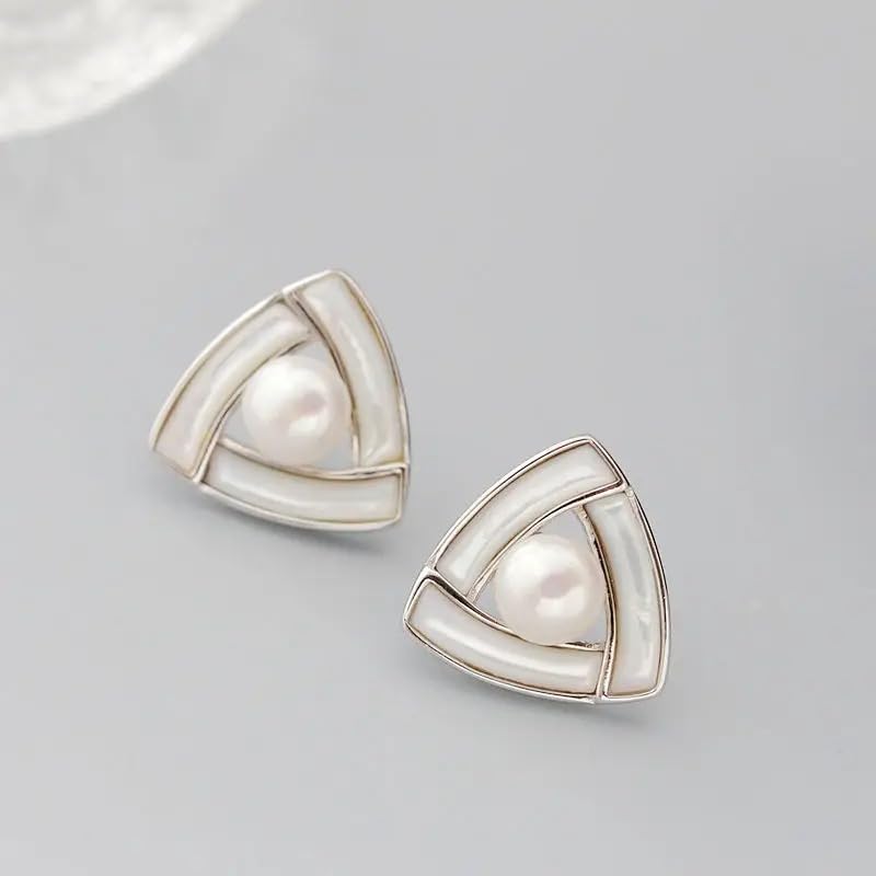 Sterling Silver Triangular Pearl Stud Earrings, Natural Freshwater Pearl Inlaid, 925 Silver Geometric Design