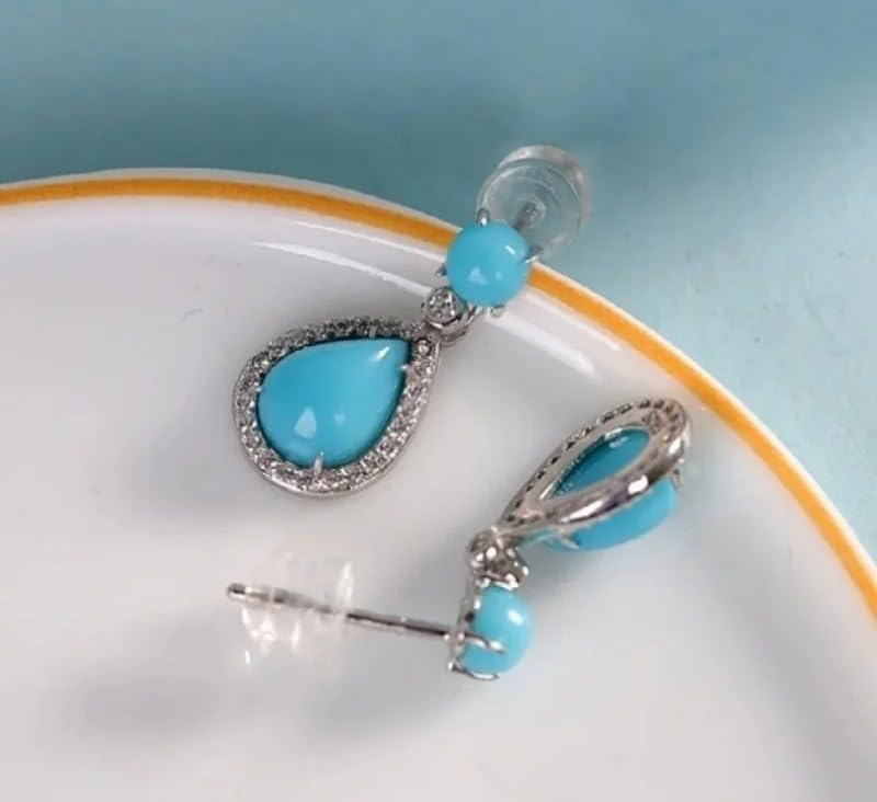 925 Silver Blue Turquoise Cubic Zirconia Teardrop Drop Earrings
