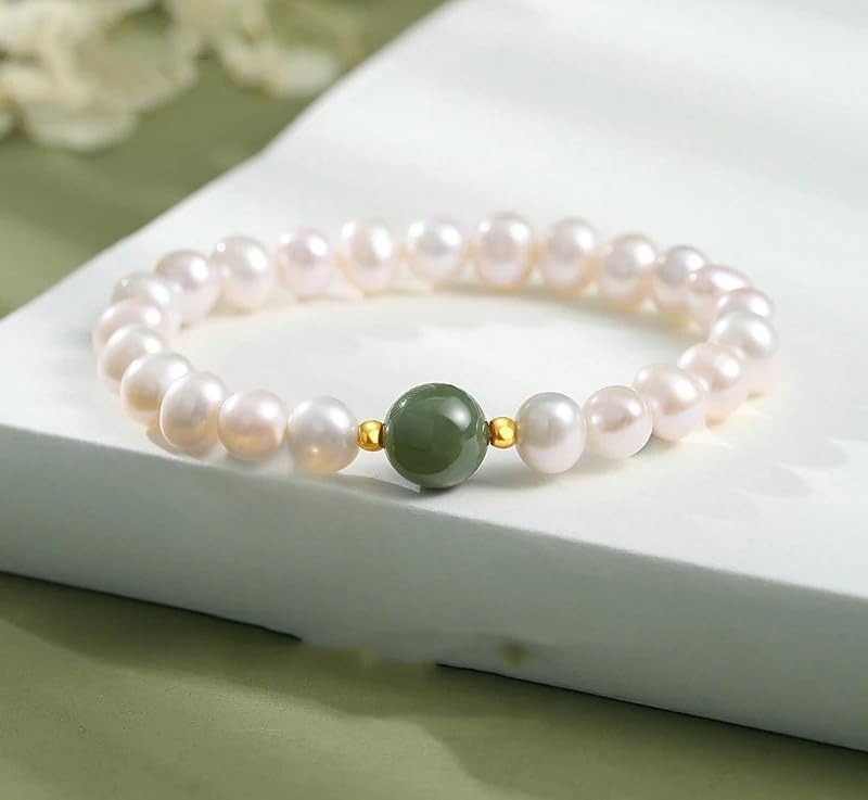 Freshwater Pearl and Hetian Jade Bracelet, Hand-Strung Beads, S925 Silver, Luxury Fashion Gift