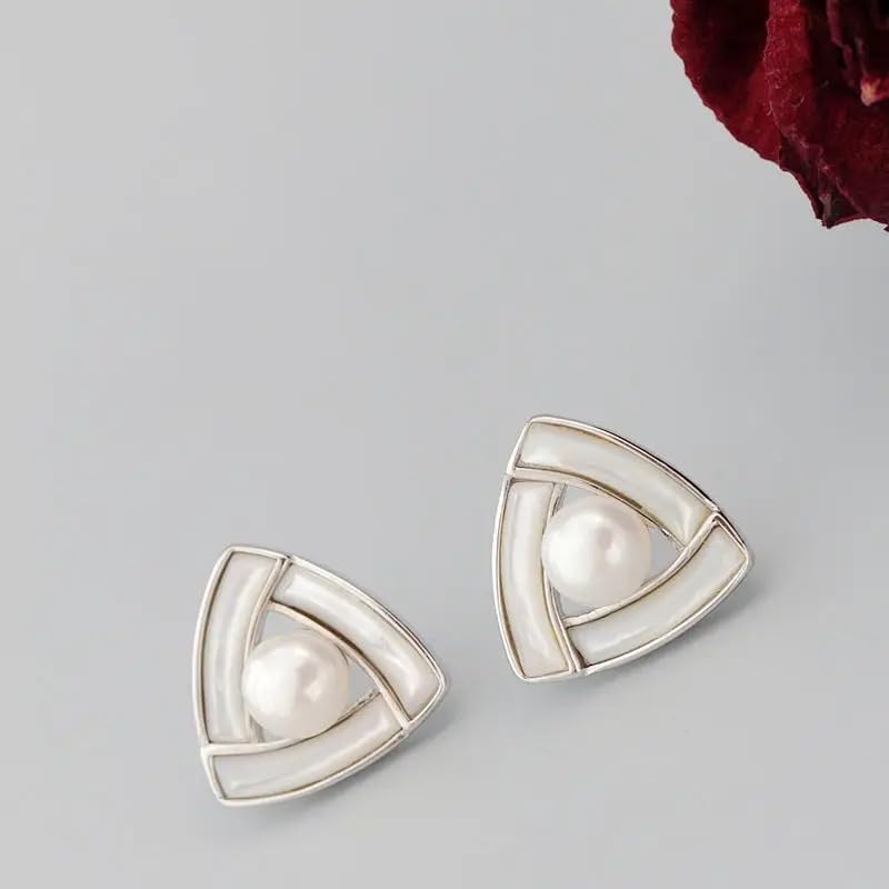Sterling Silver Triangular Pearl Stud Earrings, Natural Freshwater Pearl Inlaid, 925 Silver Geometric Design
