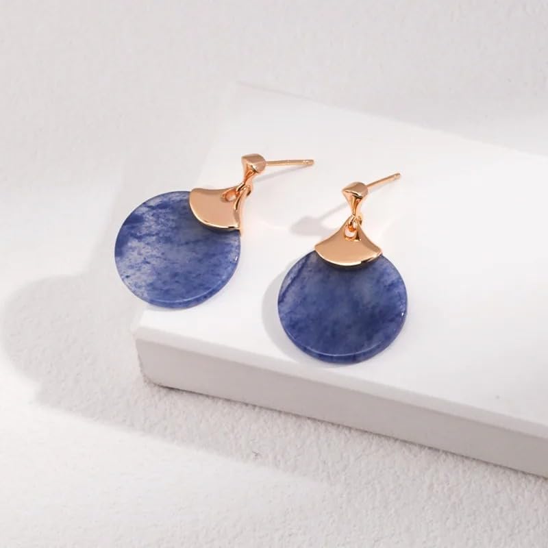 Round Blue Aventurine Stone 925 Silver Teardrop Dangle Earrings