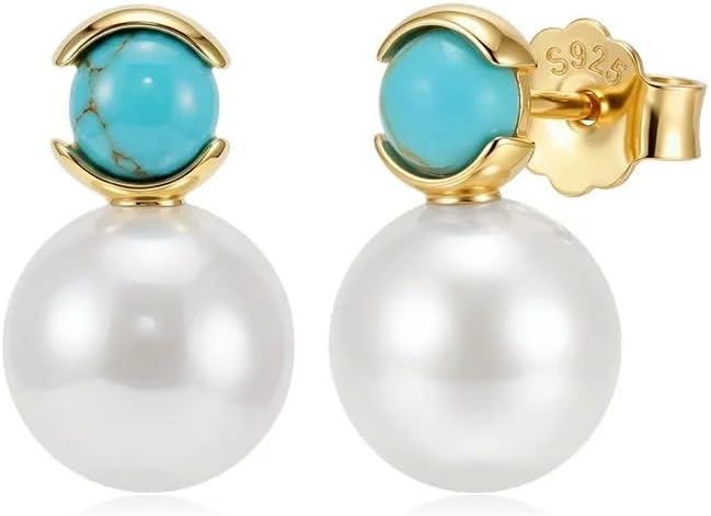 Big Pearl Ball Charm Round Turquoise 925 Sterling Silver Stud Earrings