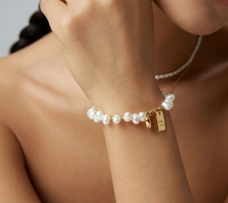 Baroque Pearl 925 Sterling Silver Heart Charm Beaded Bracelet