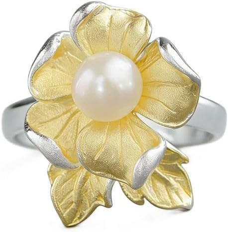 Natural Freshwater Pearl 925 Sterling Silver Ring with 18K Gold Plated Flower Design, Adjustable Open Ring