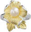 Natural Freshwater Pearl 925 Sterling Silver Ring with 18K Gold Plated Flower Design, Adjustable Open Ring