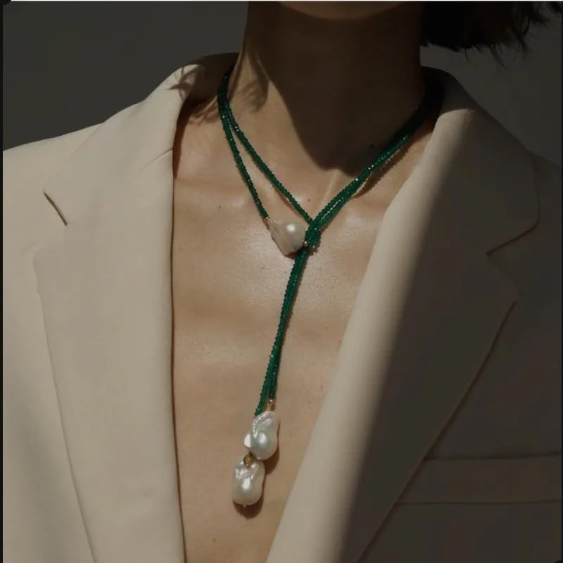 Natural Freshwater Pearl Green Agate Sweater Necklace for Women