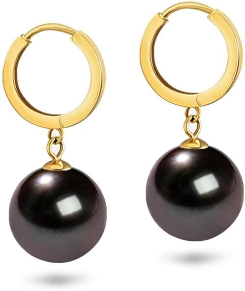 14K Gold Black Pearl Drop Hoop Earrings, Classic Dangle Style