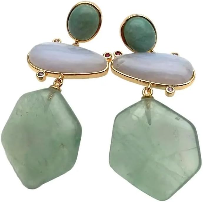 23x25mm Hexagon Shape Green Amethyst prasiolite Amazonite Lace Agate Dangle Stud Earrings
