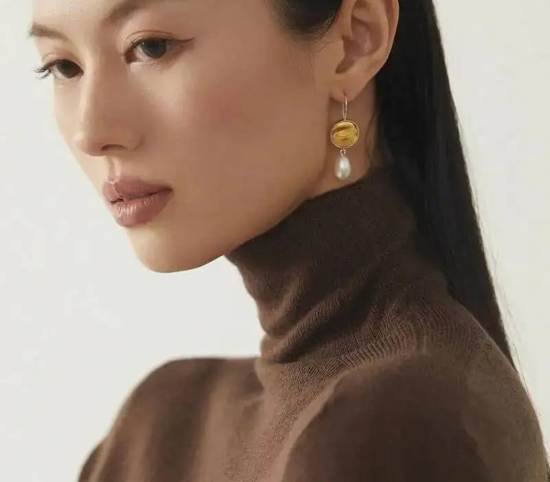 925 Silver Two Tone Natural Pearl Dangle Earrings with Buddha Statues