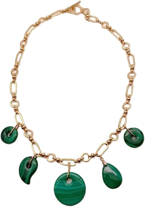 Natural Green Malachite Charm Pendant Gold Plated Chain Necklace | 30mm x 20mm x 18mm, Choker Style, for Women, Stone Pendant, Gold Plated Chain