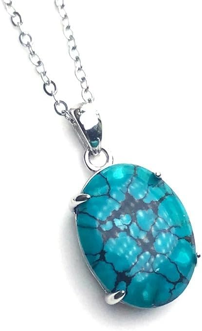 Natural Turquoise Sterling 925 Silver Reticulate Pattern Oval Necklace