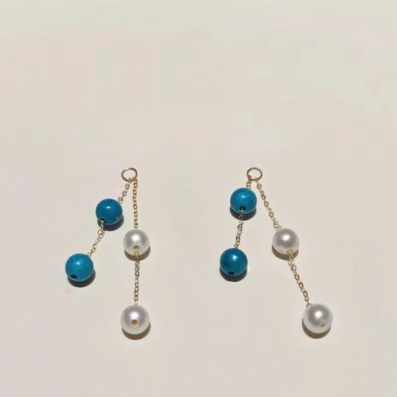Natural Freshwater Pearl and Turquoise Bead Drop Earrings, 18K Gold Chain, Long Dangle Style, Women's Jewelry
