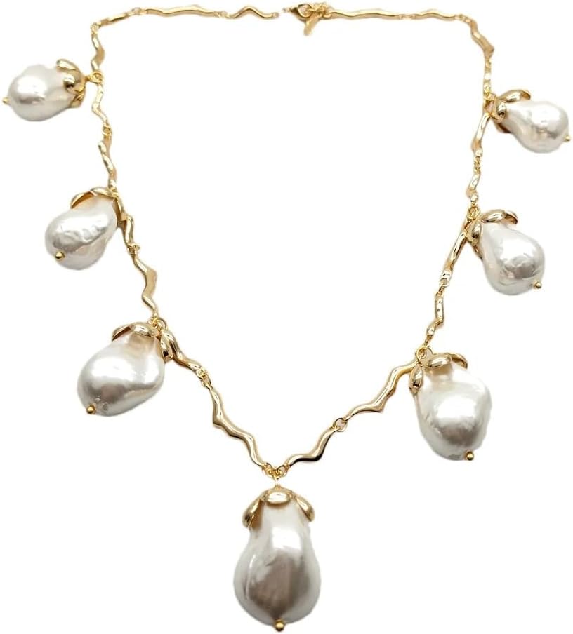 Gold Plated White Sea Shell Pearl Chain Link Necklace