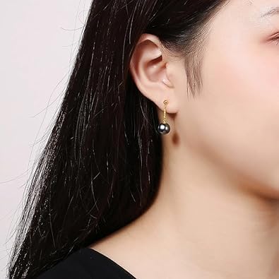 Real 18K Gold Black Tahitian Pearl,Perfect Round Pearl Earring