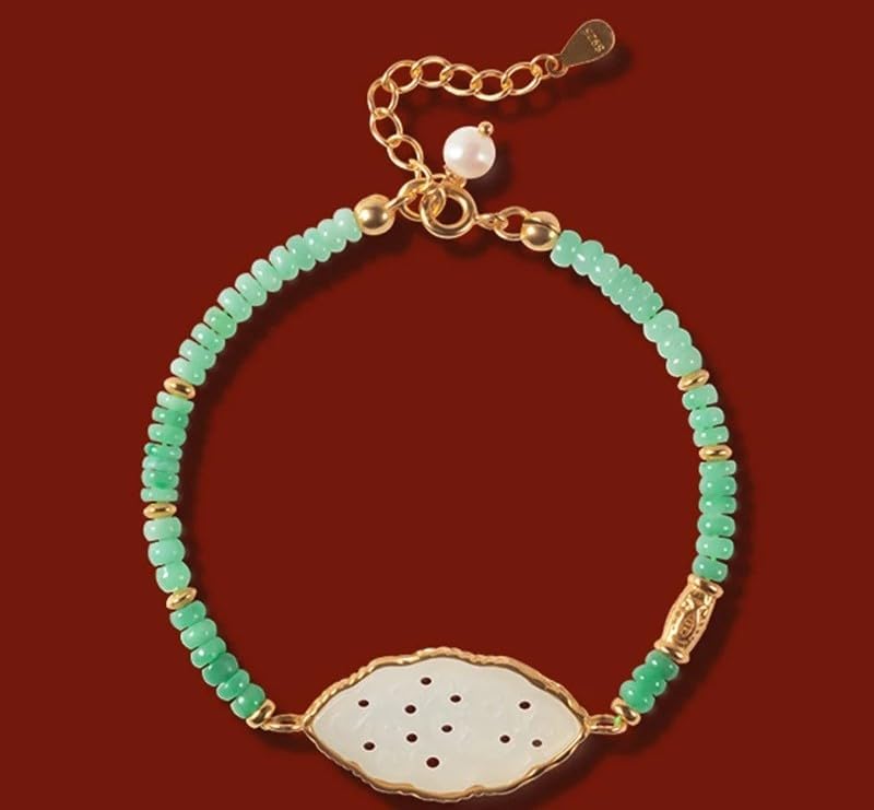 Natural Hotan White Jade and Green Beaded Bracelet, Elegant Luxury Jewelry with Gold-Tone Accents
