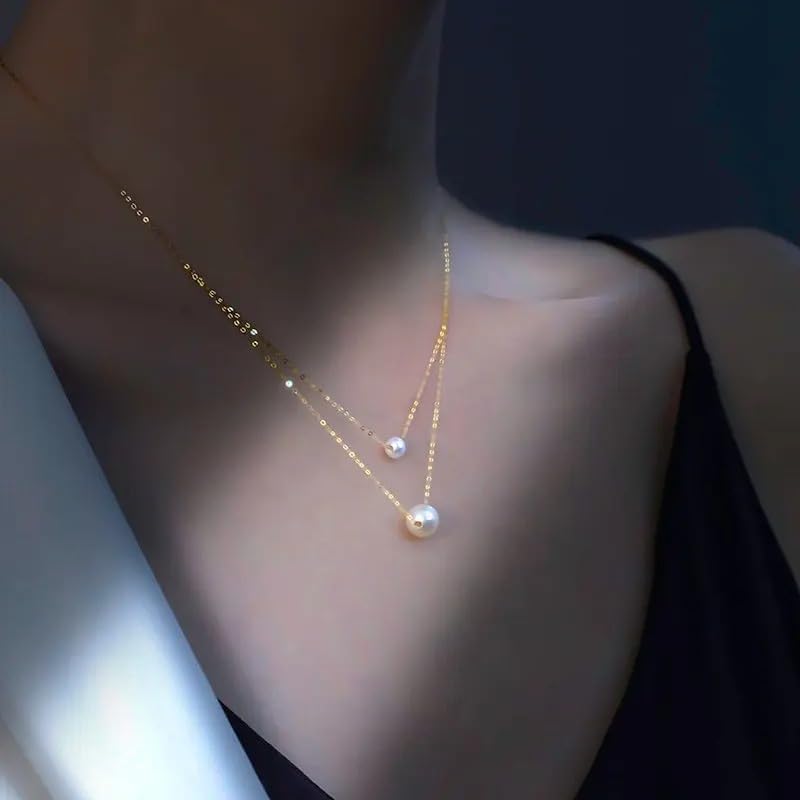 Pure 18K Gold Natural Freshwater Pearl Double Pendant Necklace