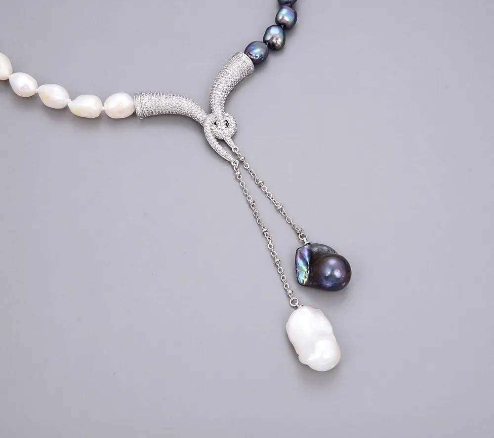 Freshwater Pearl Adjustable Bracelet, Black and White Dual-Tone, Silver Chain Tassels