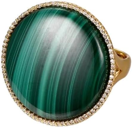 Vintage Malachite Ring, 925 Sterling Silver Gold Plated, Round Gemstone, Zircon Accent, Luxury Statement Ring for Women