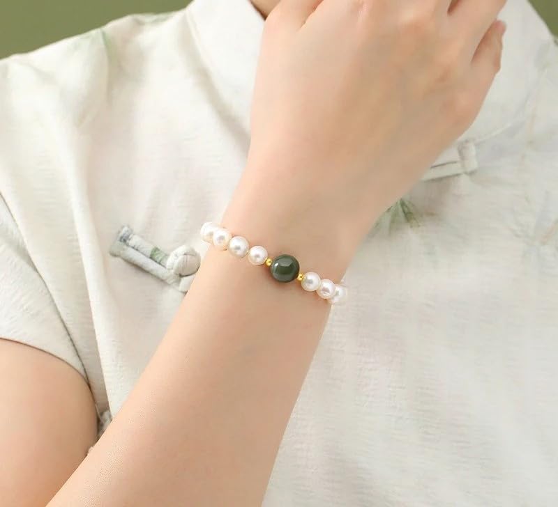 Freshwater Pearl and Hetian Jade Bracelet, Hand-Strung Beads, S925 Silver, Luxury Fashion Gift