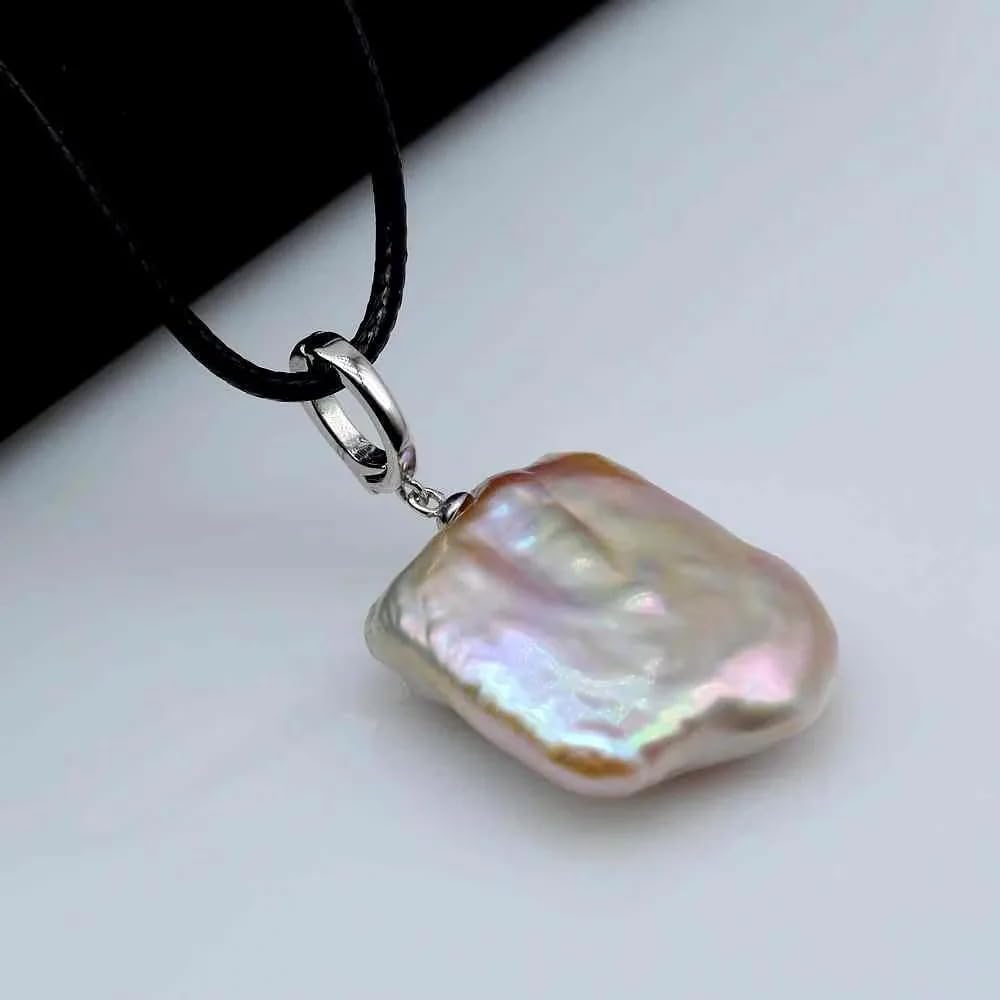 Natural Baroque Pearl Pendant Necklace, Freshwater Square Pearl, Sterling Silver 925, Purple Iridescent, Black Leather Cord