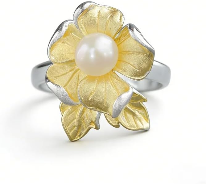 Natural Freshwater Pearl 925 Sterling Silver Ring with 18K Gold Plated Flower Design, Adjustable Open Ring